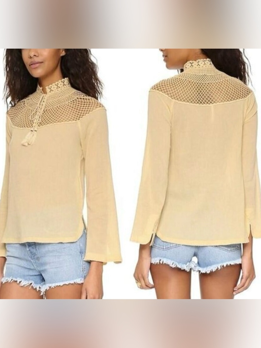Free People Pale Yellow Crochet Yoke Long Sleeve Tunic